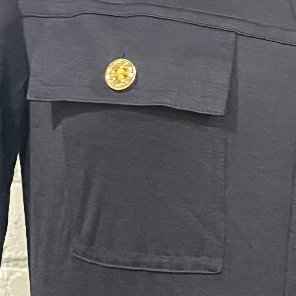Tory Burch Navy Jersey Long Sleeve Shirt Dress Gold Logo Button Belted Preppy M